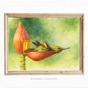 Stampa acquerello di banana con uccello tropicale, stampa botanica da parete, decorazione per cameretta con tema giungla, stampa di uccelli esotici, poster floreale, poster carino per bambini