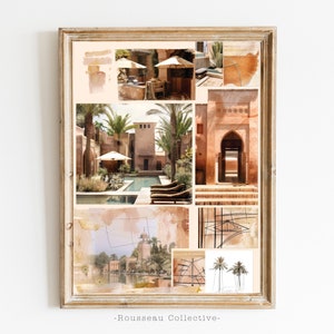 Lámina de arte de un riad marroquí: elegante ilustración de un tablero de ideas de Marrakech, decoración de un oasis exótico en el desierto, elegante arte de pared de inspiración mediterránea
