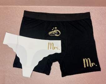 Couples Underwear Gift Set. Mr. and Mrs. One White and One Black. Matching Engagement, Wedding, Anniversary & Bachelor/Bachelorette Gift.