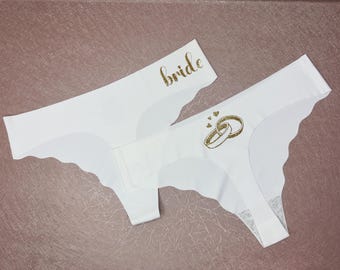 Bridal Panties “Bride” in Gold Glitter – White Wedding Underwear Thong Ring Design – Bride Lingerie Gift, Honeymoon Undies