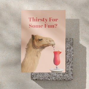 Camel Cocktail Hour - Daiquiris assoiffé de chameau buvant. Carte d'anniversaire fantaisiste. Amusez-vous avec cette jolie carte-cadeau.