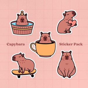 Cute Capybara Sticker Pack | Set With Five Adorable Capybaras | Vinyl Decal Kawaii Animals | Perfect for Laptops, Water Bottles & Journals