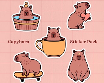 Cute Capybara Sticker Pack | Set With Five Adorable Capybaras | Vinyl Decal Kawaii Animals | Perfect for Laptops, Water Bottles & Journals