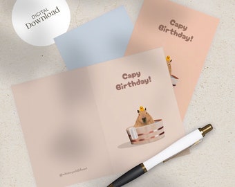 Digital Download Capy Birthday Card: Make a Splash With This Cute Capybara Card! Print of Capybara in a Bathtub With Rubber Duck. (3 colors)