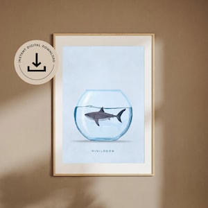 May include: A white shark swimming in a round glass fishbowl. The bowl is filled with water and the shark is facing to the right. The text "MINILODON" is printed below the bowl.