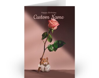Personalized Birthday Card: Cute Hamster With Pink Rose. Add Custom Name