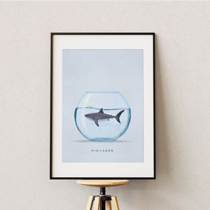 Minilodon Tiny Shark in Fish Bowl Poster | Cute & Quirky Wall Art | Unique Home Decor | Fun Gift For Scuba Divers And Shark Lovers
