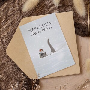 Adorable carte de voeux hiver chat et oiseau - Jolie carte de Noël enneigée pour les amoureux des animaux - Carte de vœux personnalisée avec chat dans la neige
