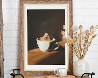 Capibara, simpatico poster di Capibara: adorabile piccolo capibara con stampa di una tazza di caffè. Decorazione da parete unica per gli amanti degli animali