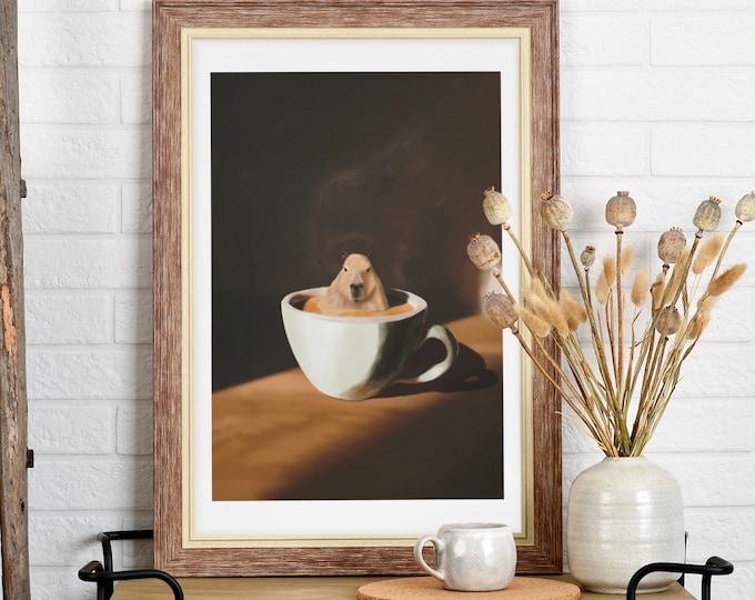 Featured listing image: Capyccino - Cute Capybara Poster: Adorable Tiny Capybara in Coffee Cup Print. Unique Wall Art for Animal Lovers