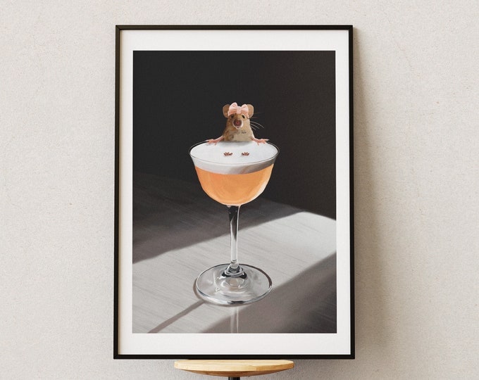 Featured listing image: Adorable Mouse Bathing in Cocktail – Quirky Poster for Animal Lovers