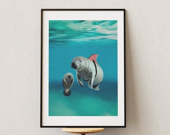 Incognito Manatee Mother Protecting Cute Baby Manatee, Cute Art Print For Animal Lovers