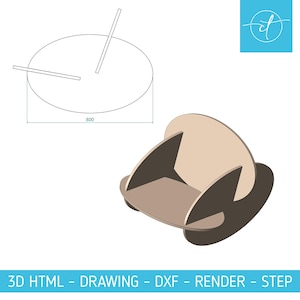 Op de afbeelding: Een 3D-weergave van een kleine schommelstoel met een lichtbruine zitting en donkerbruine steunen. De stoel is ontworpen met afgeronde randen en een gebogen basis. Een apart diagram toont een cirkelvorm met afmetingen van 800 mm, en de tekst "3D HTML - DRAWING - DXF - RENDER - STEP".
