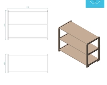 May include: A three-tiered shelf unit with dimensions shown in a technical drawing. The unit is 750 mm wide, 550 mm high, and 350 mm deep. The design is shown in 3D and as a drawing.