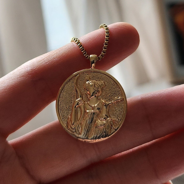 Artemis Goddess Pendant, Gold Greek Goddess Coin Necklace, Dainty Minimalist, Engagement Gift, Wedding Gift, Gift for Her