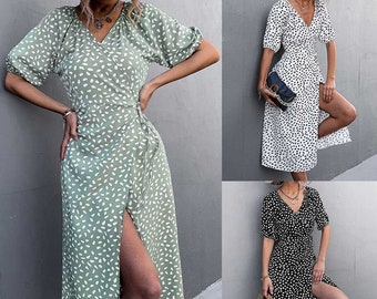 Women Wrap Dress French Style Puff Sleeve Maxi Dress Gift for Girlfriend Wrap Dress Split Dress Midi Summer Wrap Gift for Her