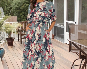 Robe japonaise en fleurs de cerisier Robe taille élastique Robe décontractée moderne avec poches Robe longue japonaise Robe colorée Vêtements japonais