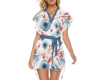 Vestido japonés de verano con cuello levantado, vestido informal con pretina, minivestido para Picnic de verano, vestido bohemio, vestido japonés con estampado Floral