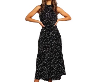 Summer Polka Dot Sleeveless Dress Summer Maxi Dress as Graduation Attire of Homecoming Dress Ankle Line Dress Casual Elegance Romantic Dress