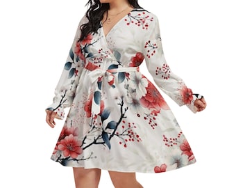 Floral V-neck Dress With Waistband Japanese Sundress Plus Size Dress Evening Midi Dress Beach Vacation Dress Maternity Clothe Japan Sundress