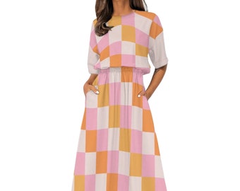 Retro Checkered Dress Fashionable Dress Elastic Waist Dress with Pockets Pink Y2K Dress Classic Summer Dress Beach Vacation Dress