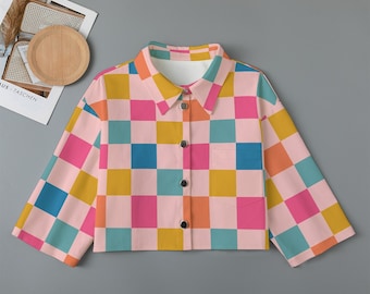 Women Crop Jacket Checkered Basic Jacket Fashionable Jacket Korean Style Top Pink Spring Blazer Checkered Retro Aesthetic Colorful Blazer