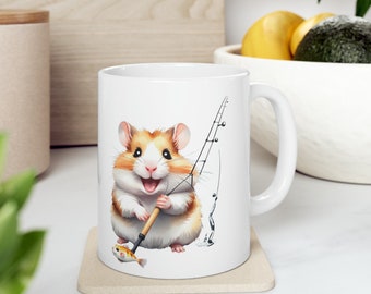Ceramic Hamster Mug for Dad Birthday Cute Hamster Teacup for Tea Lovers Hot Chocolate Mug Cute Coffee Mug for Fishing Enthusiast Gift