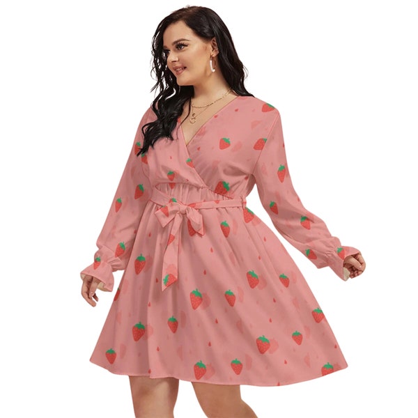 Strawberry V-neck Dress Waistband Retro Colorful Dress Plus Size Evening Midi Dress Maternity Clothes  Everyday Dress Strawberry Dress