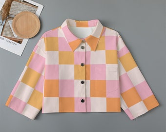 Women Crop Jacket Checkered Basic Jacket Fashionable Jacket Korean Style Top Pink Spring Blazer Checkered Retro Aesthetic Colorful Blazer