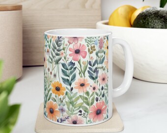 Ceramic Wildflower Mug Flower Mug for Mom Cute Coffee Mug Cottagecore Teacup for Tea Lovers Hot Chocolate Mug Floral Coffee Cup Nature Lover