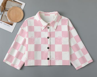 Coquette Crop Jacket Checkered Basic Jacket Fashionable Jacket Coquette Style Coat Pink Spring Blazer Retro Aesthetic Pink Ribbon Blazer