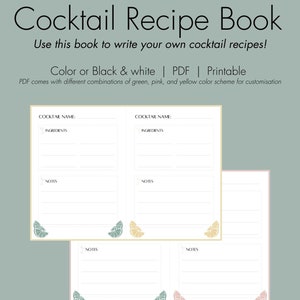 Könnte beinhalten: Druckbares Cocktail-Rezeptbuch mit leeren Seiten zum Aufschreiben von Rezepten. Die Seiten sind mit Zitronen und Limetten verziert. Das Buch ist in Farbe oder Schwarzweiß erhältlich.
