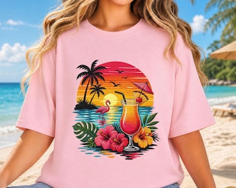 Tropical Sunset Flamingo Cocktail T-Shirt | Beach Vacation Graphic Tee