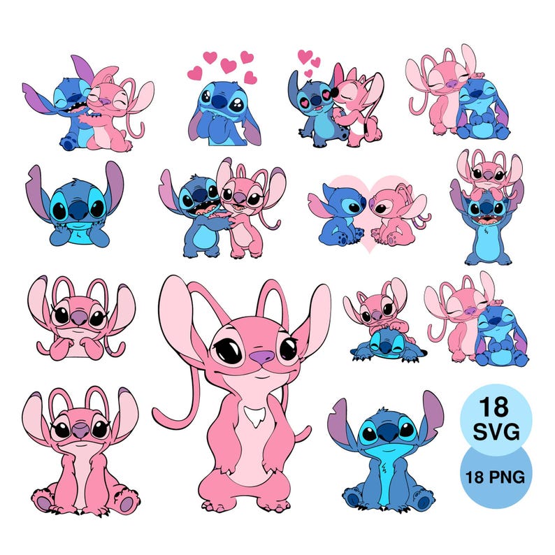 May include: A collection of cartoon illustrations featuring the characters Stitch and Angel in various poses. The images are in shades of blue and pink, with hearts and the text "18 SVG" and "18 PNG".