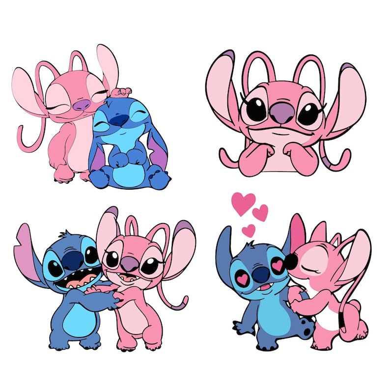 May include: Four images of cartoon characters, a blue alien and a pink alien, in various poses. The characters are hugging, smiling, and showing affection. Pink hearts float above one pair. The characters have large ears and expressive eyes.