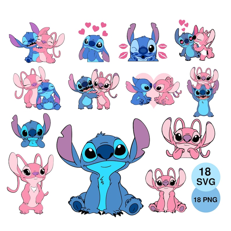 May include: A collection of cartoon graphics featuring the characters Stitch and Angel in various poses. The images include blue and pink characters with hearts and kisses, suitable for digital art projects.