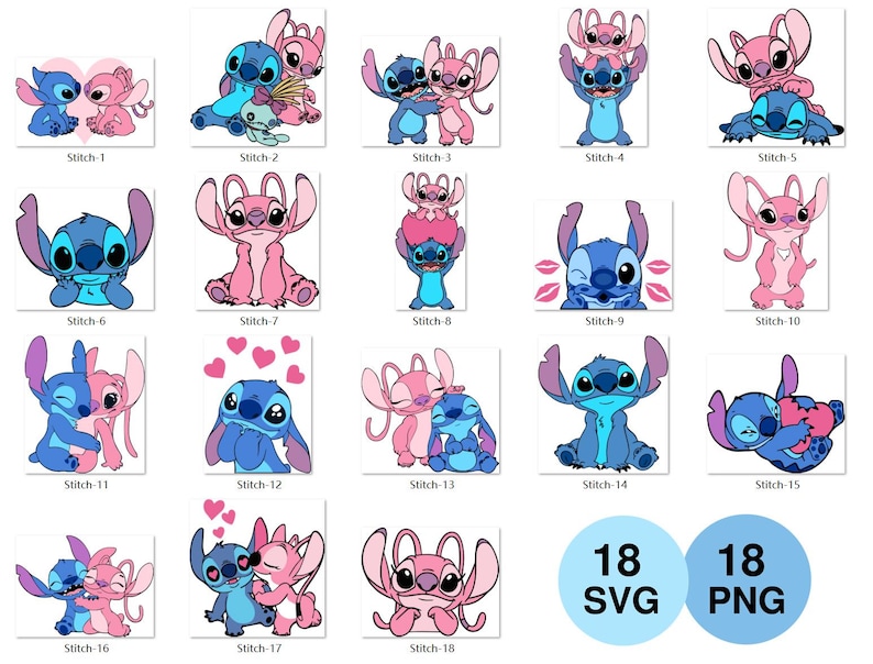May include: A collection of 18 SVG and 18 PNG images featuring the cartoon characters Stitch and Angel. The images depict Stitch and Angel in various poses, with hearts and kisses. The color palette includes blue and pink.