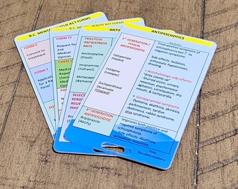 May include: A set of five blue and yellow laminated cards with information about different types of antipsychotic medications. The cards include the names of the medications, their classifications, and their side effects. The cards are labeled with the text "B.C. Mental Health Act Forms".