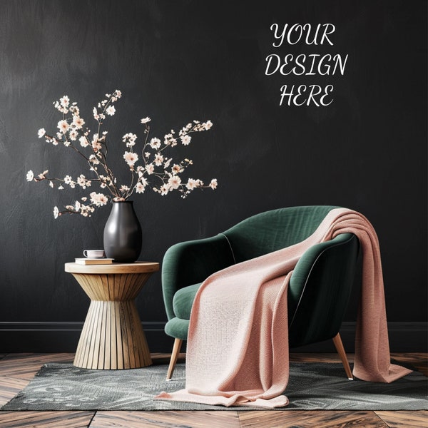 Mockup/empty wall mockup / dark green armchair /on the black wall/ dark pink blanket/modern home living room mockup/vase with white flowers