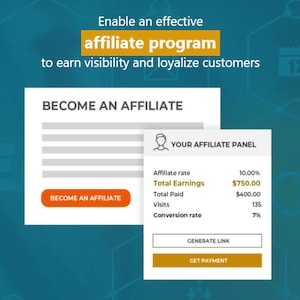Puede incluir: Una captura de pantalla de un sitio web que muestra un programa de afiliados. El sitio web tiene un fondo azul con un cuadro blanco que dice "Conviértete en afiliado". El cuadro tiene un botón que dice "Conviértete en afiliado". Hay un cuadro blanco más pequeño con un borde azul que dice "Tu panel de afiliados". El panel muestra la tasa de afiliados, las ganancias totales, el total pagado, las visitas y la tasa de conversión. El panel tiene dos botones que dicen "Generar enlace" y "Obtener pago".