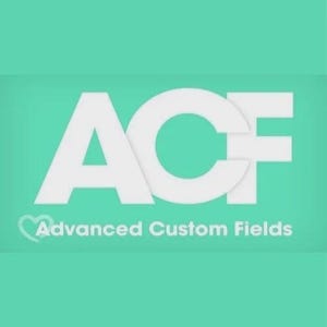 May include: White "ACF" text logo with a heart symbol and the words "Advanced Custom Fields" on a teal background. The letters are bold and the text is clean and modern.