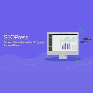 May include: A computer monitor showing a graph and bar chart, with the text "SEOPress" and the description "Simple, fast and powerful SEO plugin for WordPress" on a purple background. The monitor is white with a black border.