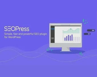 May include: A computer monitor showing a graph and bar chart, with the text "SEOPress" and the description "Simple, fast and powerful SEO plugin for WordPress" on a purple background. The monitor is white with a black border.