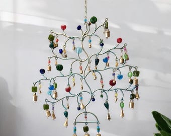 Handmade Colorful Bead Wind Chime, Rustic Outdoor Garden Art, Hanging Chime decor, Whimsical Metal Windchime