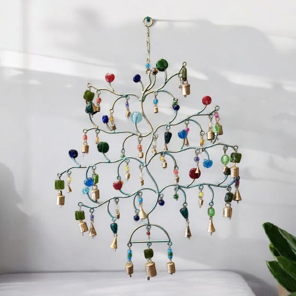 Handmade Colorful Bead Wind Chime, Rustic Outdoor Garden Art, Hanging Chime decor, Whimsical Metal Windchime