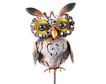 Rustic Metal Owl Yard Stake with Marble Eyes - Garden Decor (Set of 2)