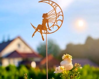 Rustic Metal Fairy Garden Stake: Whimsical Moon Lawn Ornament