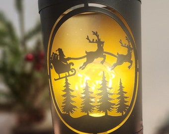 Recycled Metal LED Christmas Lantern: Santa Sleigh Scene