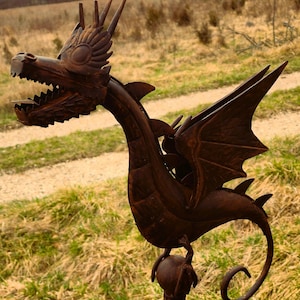 Recycled Metal Dragon Garden Stake: Whimsical Outdoor Yard Art