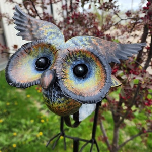 Oliver the Kinetic-Rocking Owl Yard stake- Metal Rustic bird, Outdoor decor, Owl Rocker stake